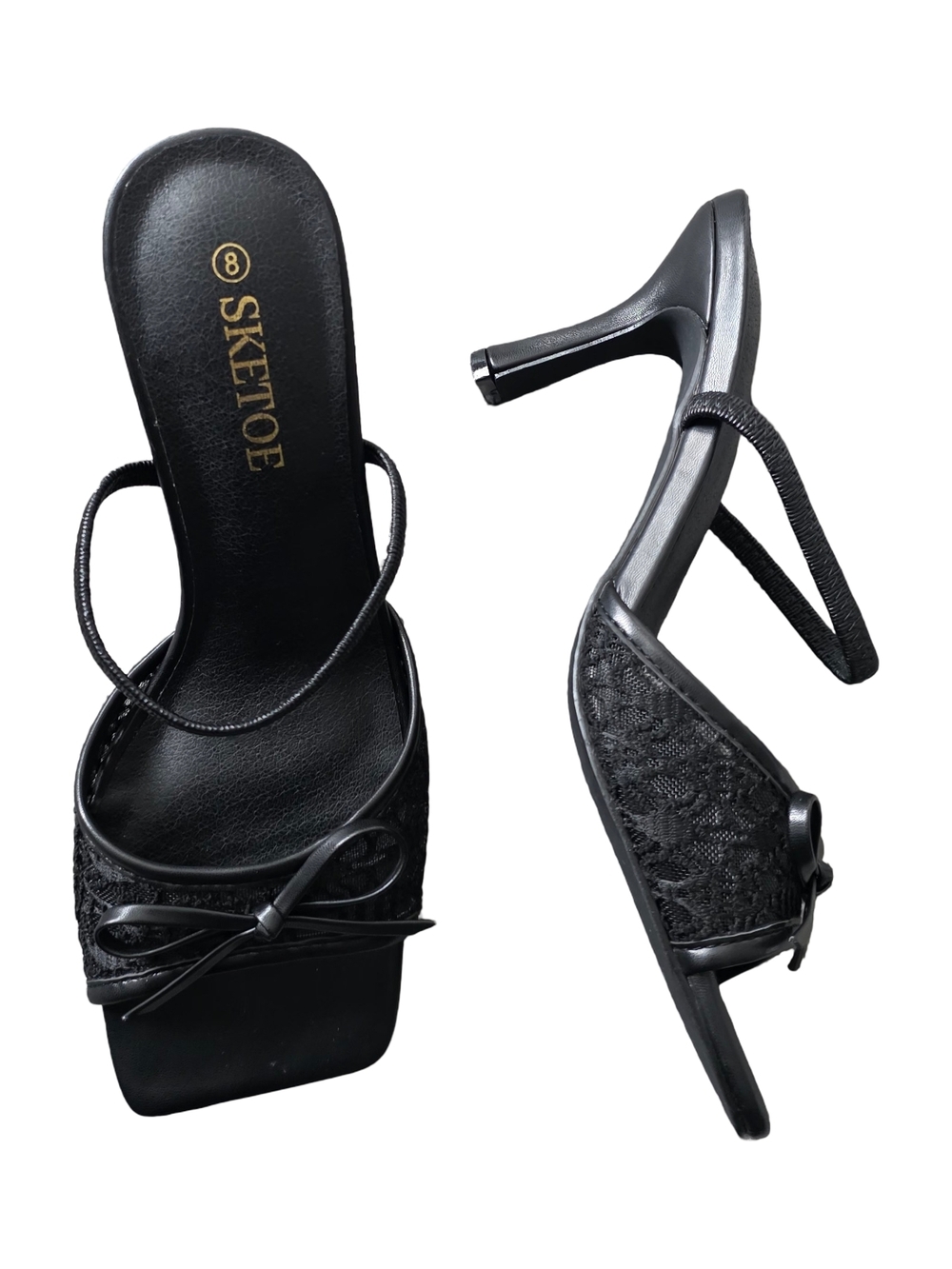 Black Lace Bow Slingback Heels, 2inch - Picture 4 of 6